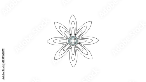 Symmetrical floral mandala line drawing features geometric petals and concentric circles for a balanced and meditative art element.