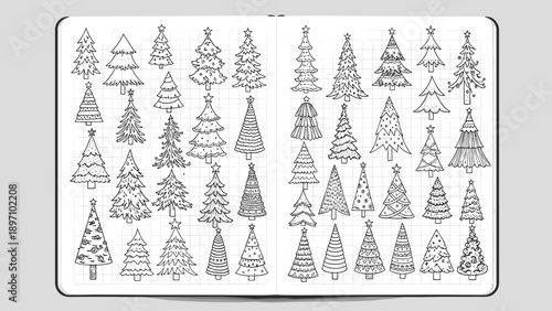 Sketchbook spread filled with diverse hand-drawn Christmas tree doodles offers an array of creative inspiration for winter holiday art.