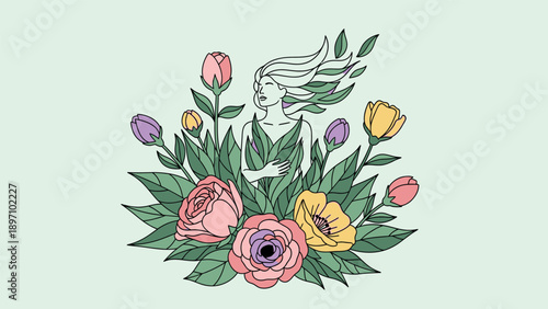 Beautiful stylized woman emerging from vibrant spring flowers and lush green foliage celebrating natures serene beauty and growth vector illustration