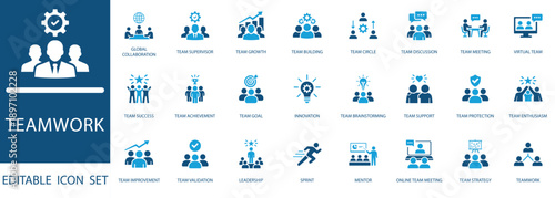 Teamwork icon set . including team success, meeting, brainstorming, and leadership symbols. Blue flat editable vector for business management and startup.