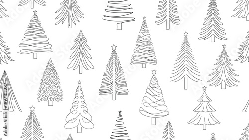 Seamless pattern of various line art Christmas tree designs in black and white offers a versatile and festive background for the season.