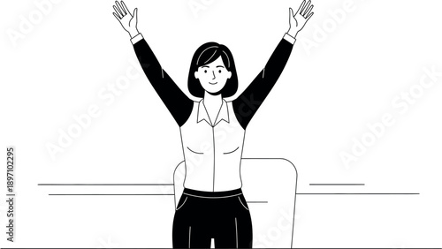 Confident business woman celebrates achievement stretching with arms raised high in a black and white line art illustration