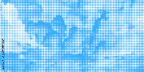 Halftone cloud background. White dotted clouds in blue sky. Comic pop art heaven wallpaper for banner, collage, poster, leaflet, brochure. Rasterized smoke, smog or fog texture. Vector illustration