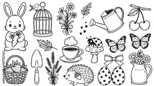 Spring elements collection with rabbit hedgehog and flowers