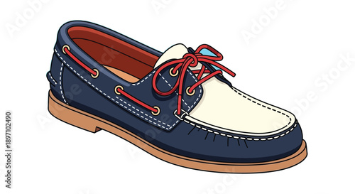 Classic illustration of a navy blue and tan boat shoe with bright red laces