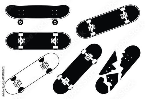 Collection of Skateboards, One Broken, Black and White Icons