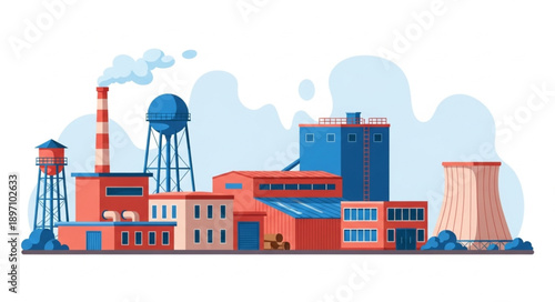 Industrial Factory Complex with Smokestacks and Water Towers.