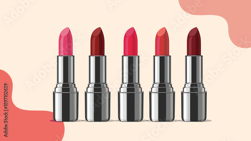 Selection of five lipsticks in various shades of red and pink arranged in a row provides a stylish and modern beauty themed image.