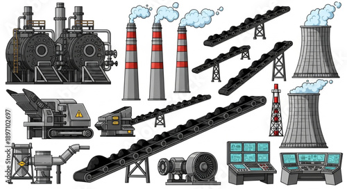 Industrial factory equipment and machinery collage.