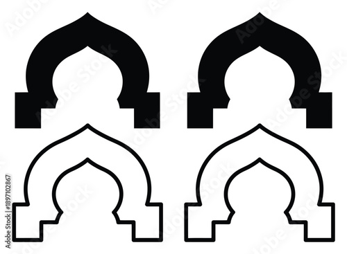 Islamic Architectural Archways: Solid Black and Outline Designs