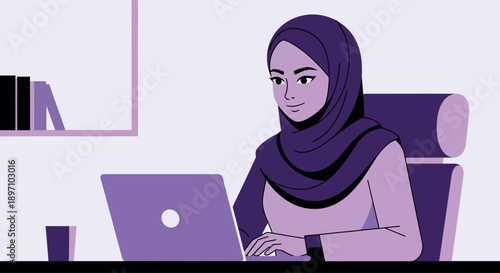 Smiling Muslim woman wearing a purple hijab diligently works on her laptop in a modern minimalist office setting showing dedication and productivity