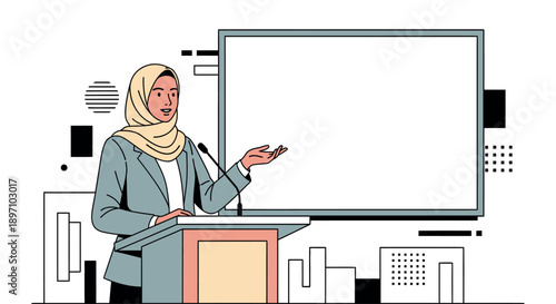 Professional Muslim woman in hijab giving an important business presentation at a conference podium with a blank screen for text or graphics