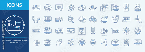 Industrial Communication Network - Icon Collection. Thin Outline Blue Set contains such Icons as human machine interface, building automation, real time data and more. Simple web icons set.