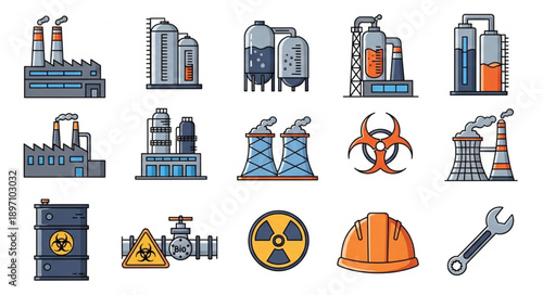Industrial factory and hazard symbols collection.