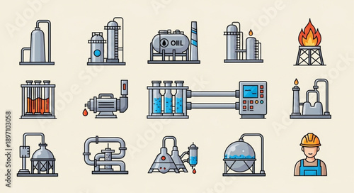 Industrial factory equipment and machinery icons set.