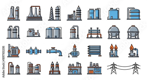 Industrial factory and plant equipment icons set.
