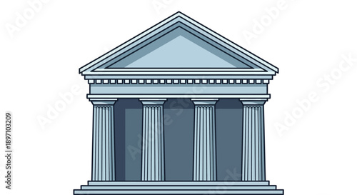 Simple blue illustration of a classical building facade with prominent columns and pediment