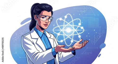 Female Scientist Holding Atom Symbol in Lab Coat, Science Illustration