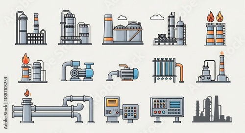 Industrial factory and plant equipment icons set.