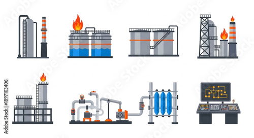 Industrial factory and refinery equipment illustrations.