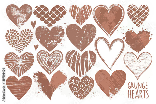 A collection of textured reddish brown heart shapes are arranged vertically on a clean white background creating a romantic design