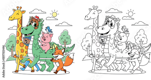 Cute cartoon animals marching together holding a pole including giraffe dragon fox and pig in nature, happy vector illustration for friendship and teamwork concepts.