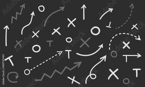 Hand Drawn American Football Tactics and Soccer Strategy Vector Elements with Chalk Style Xs and Os, Arrows, and Sketches, Isolated on Dark Background