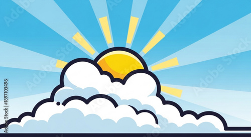 Sun Rising Above White Clouds in Blue Sky with Sunbeams