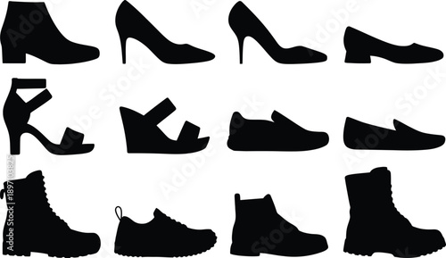 Women's and Men's Shoe Silhouette Vector Set: Collection of High Heels, Boots, Sneakers, Sandals, and Flat Footwear Icons for Fashion Design Projects