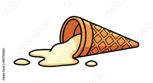 Cartoon illustration of a delicious vanilla ice cream cone carelessly dropped onto the ground