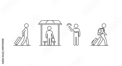 minimalist travel and transport icons depicting urban mobility scenarios a person with luggage waiting at bus stop hailing a taxi and a backpacker