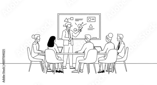 male professional in vr goggles presents data on whiteboard to diverse team in office illustrating innovation strategic planning future.