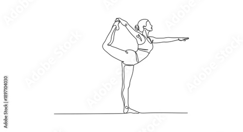 minimalist one line art drawing of a focused woman practicing an elegant natarajasana yoga balance pose illustrating mindful exercise and wellness concepts