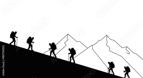 silhouetted hikers ascending a steep mountain with trekking poles and backpacks illustrating concepts of challenge perseverance and outdoor adventure.