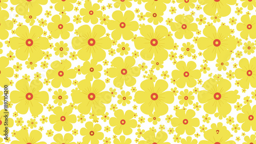 Cheerful and bright seamless pattern of yellow flowers with red centers scattered densely over a white background.