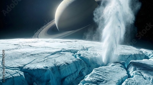 Cryovolcano Eruption on Icy Moon Enceladus with Saturn Background