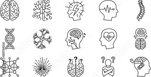 Brain and neurology line icons set, mental health, neuron, spine, dna, psychology, medical science, head, and memory vector illustration