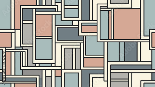 Geometric seamless pattern of overlapping rectangles in muted pastel tones offers modern abstract background for interiors.