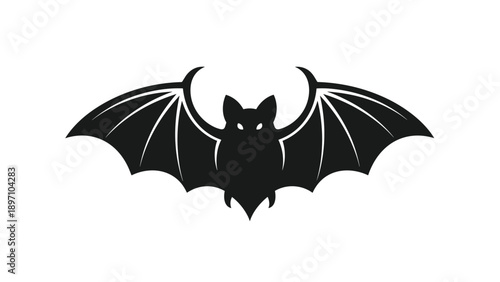 Black bat silhouette with spread wings isolated on white background provides spooky element for halloween and gothic art.