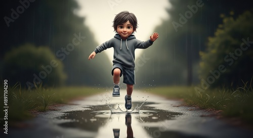 Boy jumping in puddles with joy in the park on a rainy day 