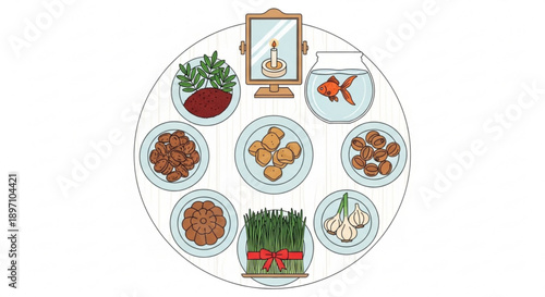 Traditional Iranian Haft-Seen Table Setting for Nowruz Celebration on White Background