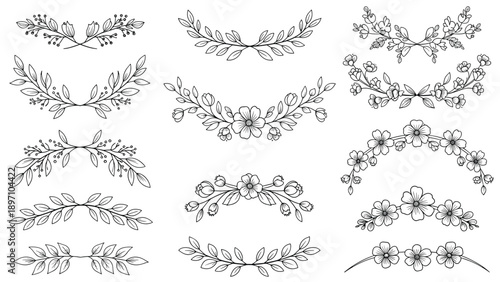 Collection of hand drawn floral and leaf wreaths and borders in black and white provides elegant frames for invitations.