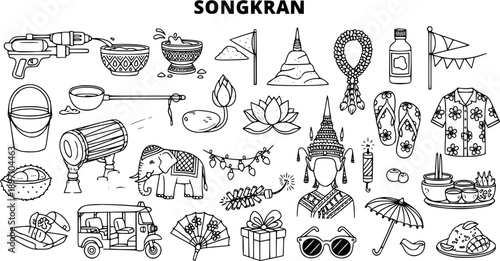 Songkran Festival Icons Set: Water Guns, Elephants, Thai Culture Line Art for Holiday Design