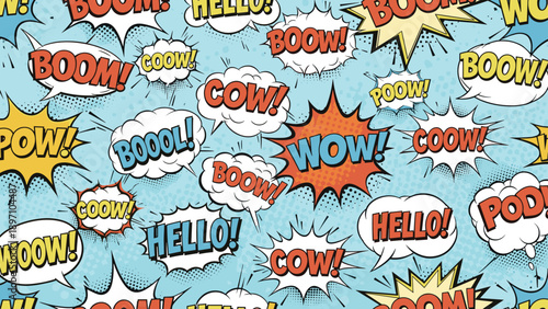 Dynamic comic book pattern filled with various speech bubbles containing onomatopoeia like boom pow wow and hello.