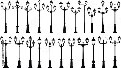 Vintage Street Lamp Silhouette Vector Set: Collection of Antique Lampposts, Retro City Park Lanterns, Wrought Iron Garden Lights, and Classic Exterior