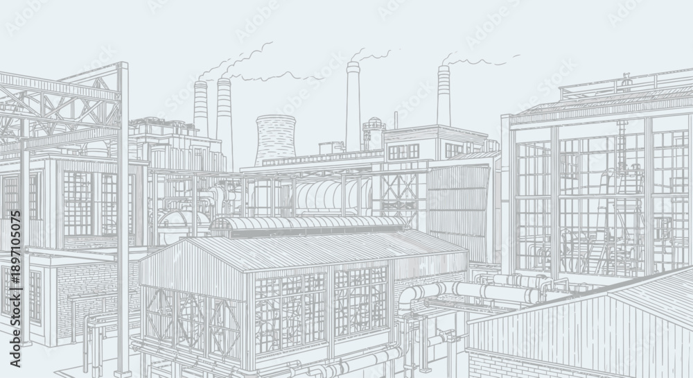 Fototapeta premium An industrial city factory landscape illustration representing heavy manufacturing facilities with multiple production buildings, pipelines, chimneys, and smoke stacks, designed to visually communicat