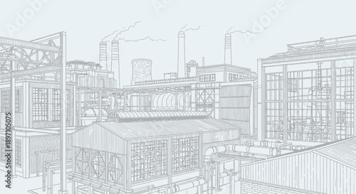 An industrial city factory landscape illustration representing heavy manufacturing facilities with multiple production buildings, pipelines, chimneys, and smoke stacks, designed to visually communicat