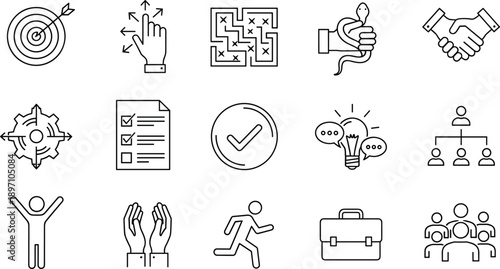 Business strategy and management line icons set, goal, teamwork, challenge, planning, success, risk, leadership, and corporate vector illustration