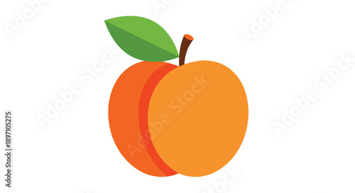 Simple graphic illustration of a single ripe orange peach fruit with a green leaf
