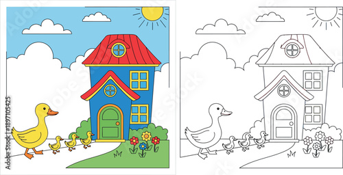 Cute mother duck leading three baby ducklings walking towards a colorful house on a sunny day, vector illustration for children book or spring concepts.